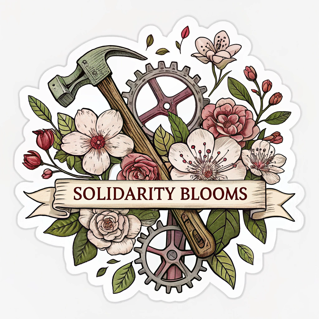 Design 2: Combine traditional May Day floral motifs (like hawthorn blossoms or spring flowers) intertwined with industrial gears or tools. Use a muted, vintage color scheme. Text: 'Solidarity Blooms'.
