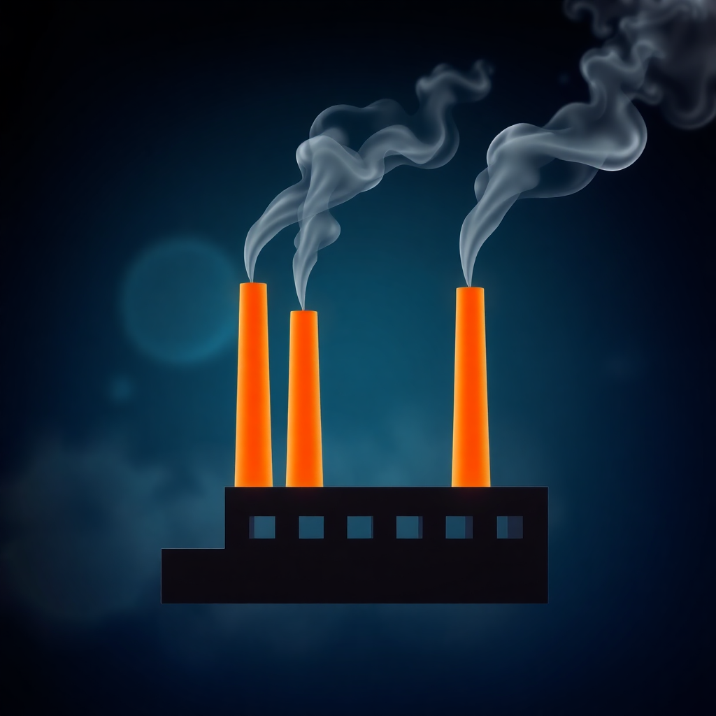 The image is a digital illustration of a factory with three orange chimneys. The chimneys are tall and cylindrical in shape, with a black base. The smoke from the chimneys is billowing upwards, creating a hazy effect. The background is dark blue, with small white dots scattered throughout. The overall mood of the image is dark and ominous.