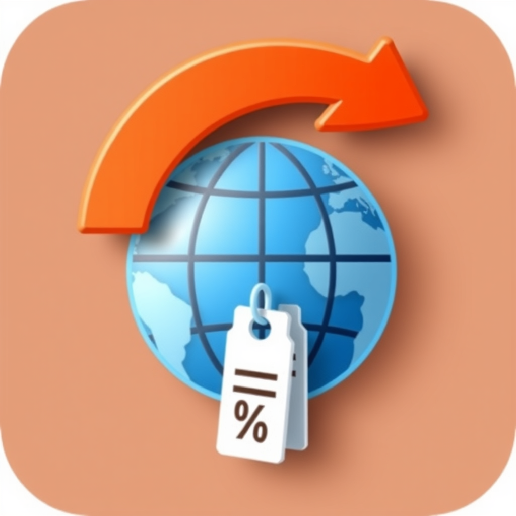 Icon depicting a globe with an arrow arching over it, pointing downwards onto a miniature document or tag. The arrow could incorporate a '%' symbol, representing an import tariff applied to international trade.