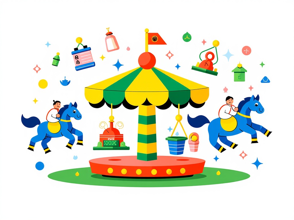 The 'Resource-Go-Round': A playful, carousel-like illustration where various resources (water, materials, energy) are depicted as characters or items continuously cycling, transforming, and being reused. Each 'station' on the carousel clearly depicts a stage of the circular economy (e.g., reuse, repair, remanufacture, recycle) in a positive, engaging way.