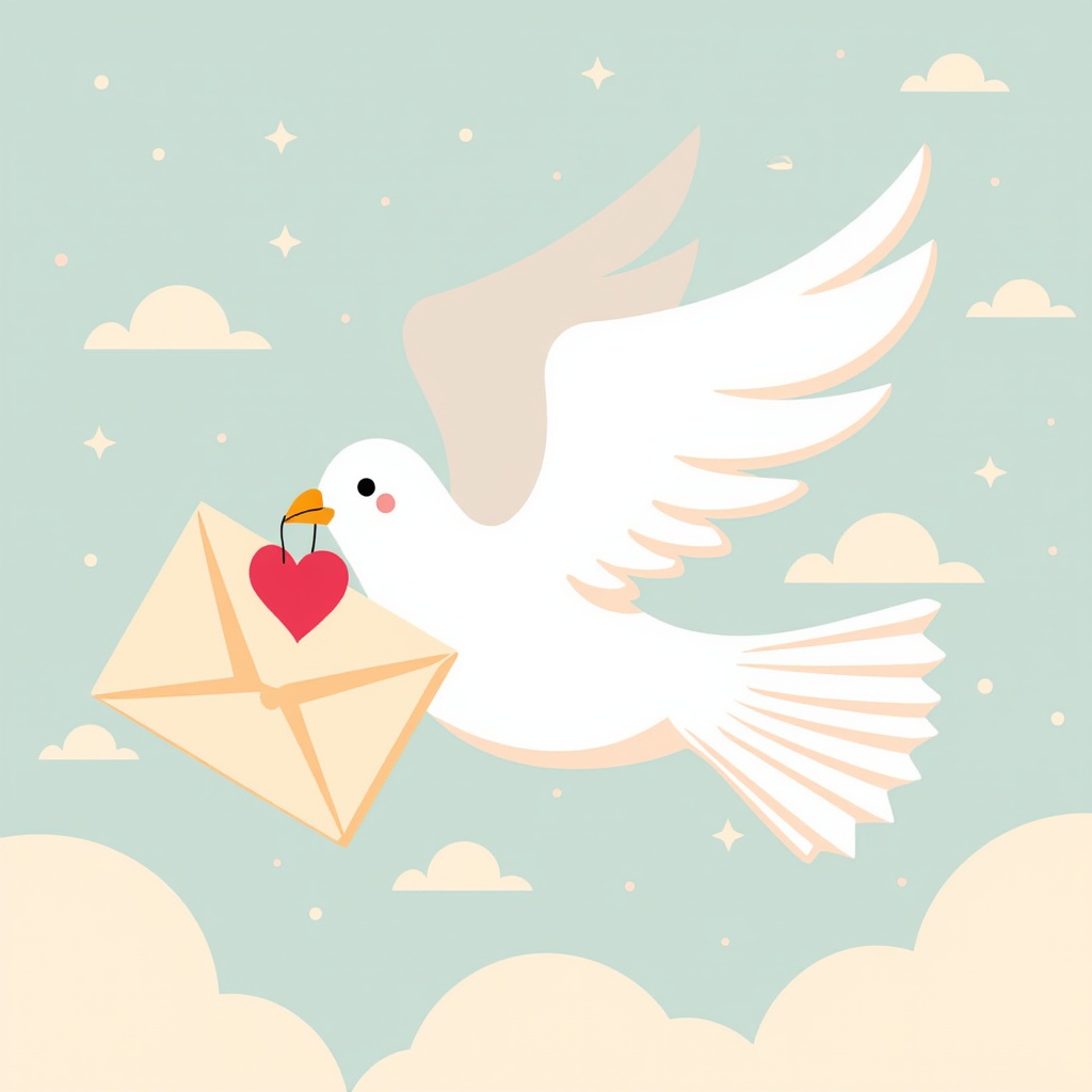 A dove carrying a love letter with a heart-shaped tag.