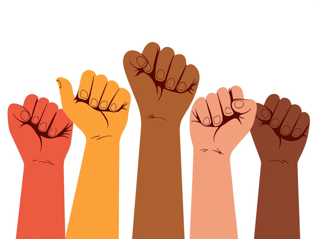 Uplifted fists of various skin tones, expressing empowerment and resistance against inequality.