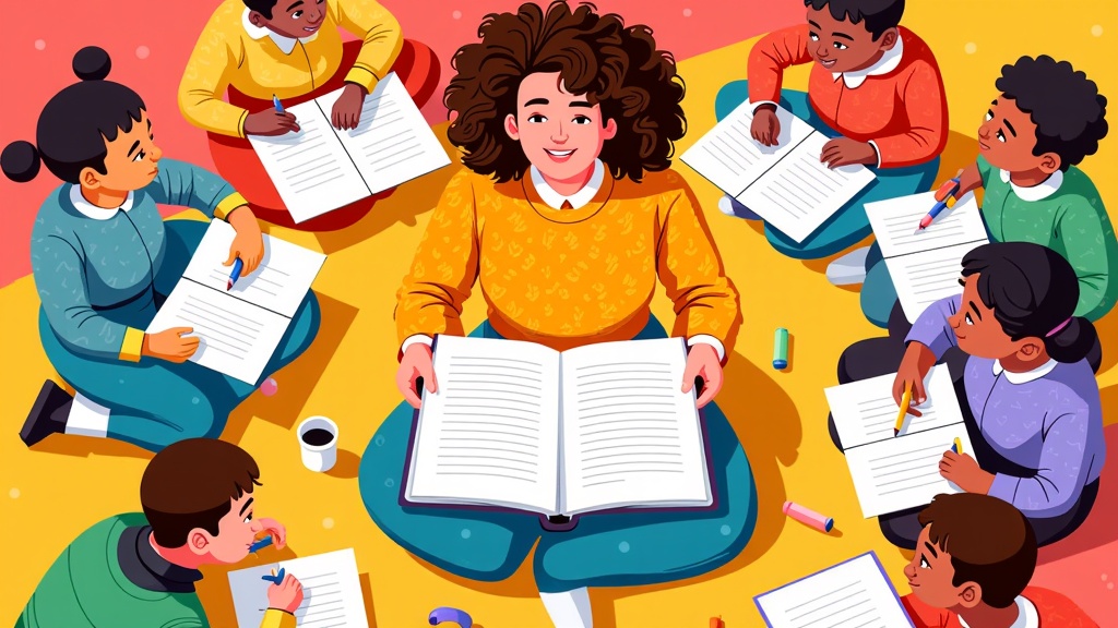 An overhead view of a classroom or library setting. Children are gathered around a teacher or librarian who is reading poetry aloud from a large book. Some children are drawing or writing in notebooks, inspired by the verses.