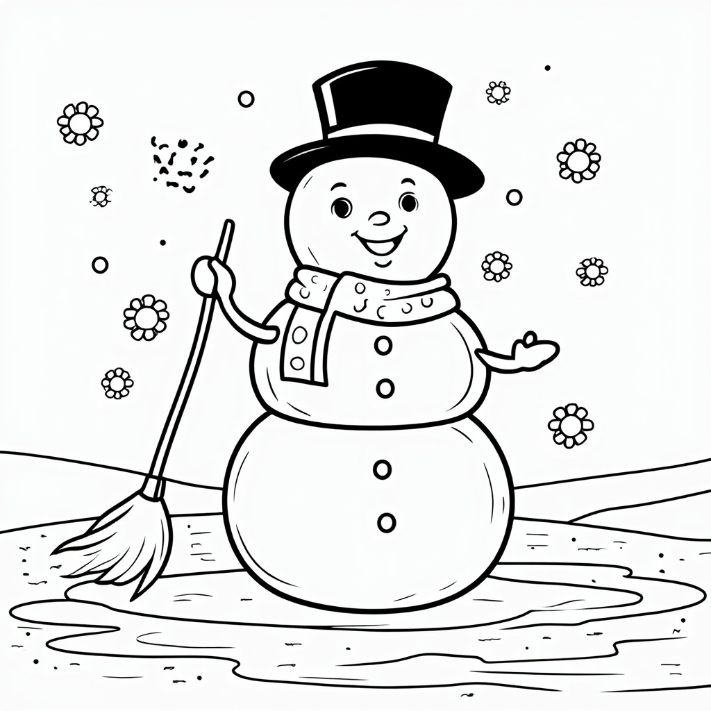 The image shows a snowman with a broom in his hand, surrounded by a wintery landscape of snowflakes falling from the sky. The snowman is wearing a top hat and a scarf, and is standing in a puddle of water. The background is filled with a variety of colors, including blues, greens, and yellows, creating a peaceful and serene atmosphere.