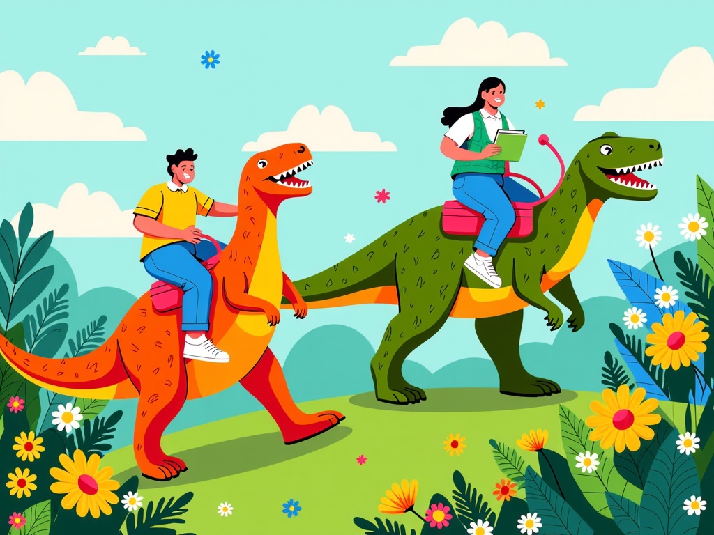 Humans riding dinosaurs for transportation, showcasing a harmonious partnership.