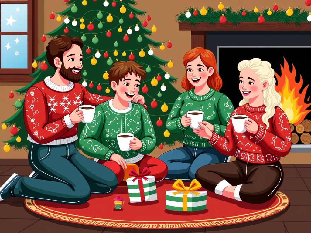  a family of four sitting on the floor in front of a Christmas tree. The tree is decorated with colorful ornaments and lights, and there is a fireplace in the background. The family is wearing matching red and green sweaters with white snowflakes on them. They are all holding cups of coffee and smiling at each other. There are two gift boxes on the rug next to the tree, one with a yellow ribbon and the other with a green ribbon. The room appears to be cozy and festive, with a window on the left side of the image.