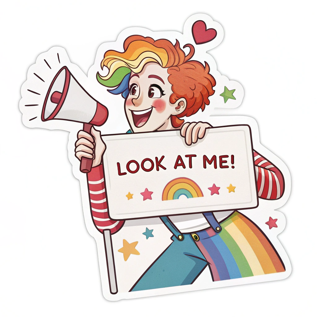 The image shows a cartoon person holding a megaphone and a board with the words 