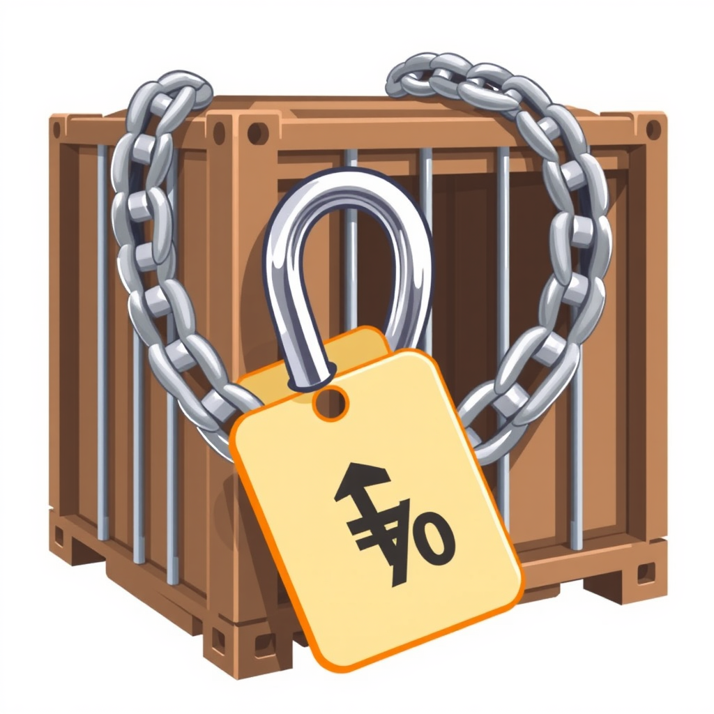 Sub-design 2: A shipping container or a crate with visible cage bars superimposed, or a heavy chain and padlock around it. A small tag displaying a monetary symbol with an upward arrow or a '%' sign can be attached, denoting restricted and more expensive trade.