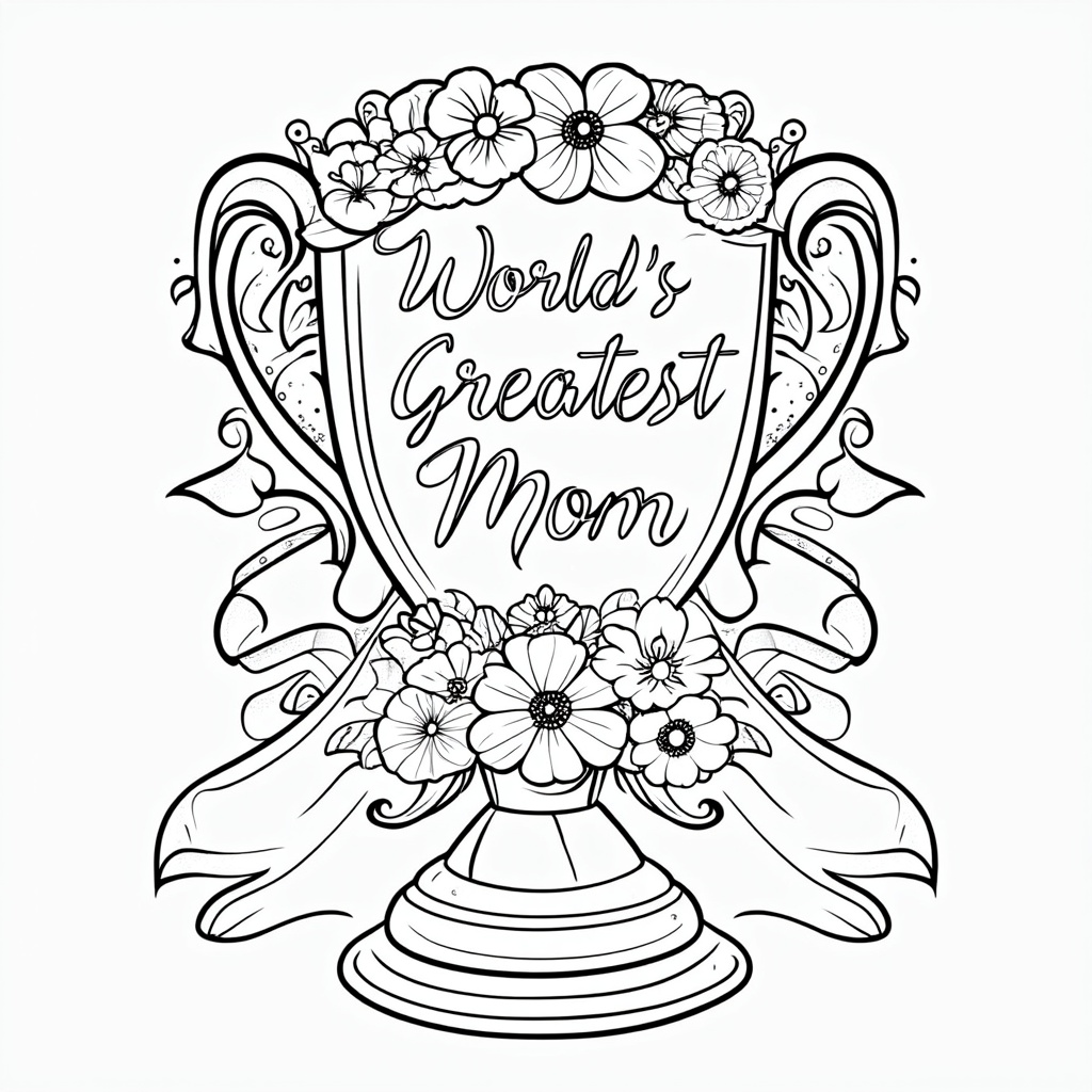A page featuring a large, ornate trophy with 'World's Greatest Mom' prominently displayed, surrounded by blooming flowers and flowing ribbons, offering varied textures for coloring.