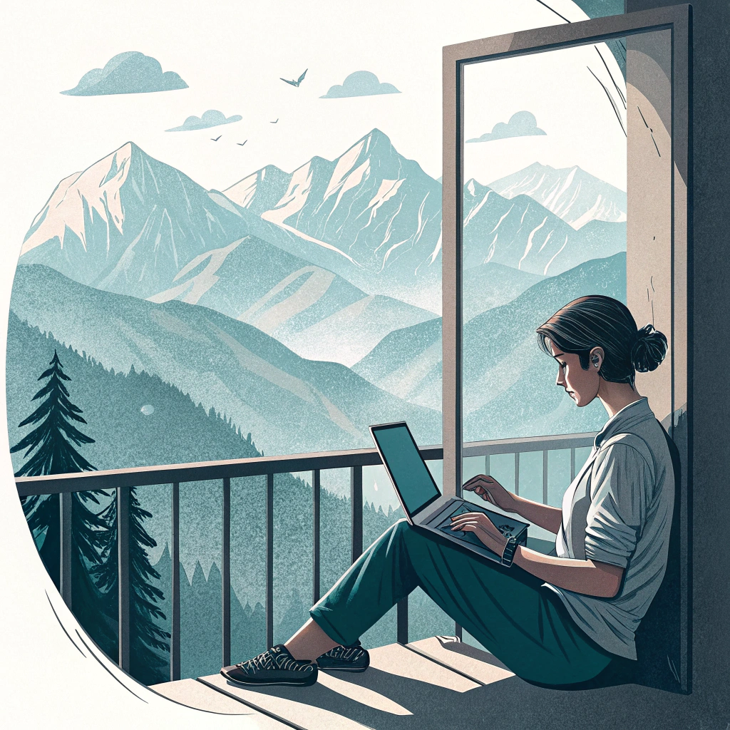 A person working on a laptop with a view of mountains in the background, emphasizing freedom.