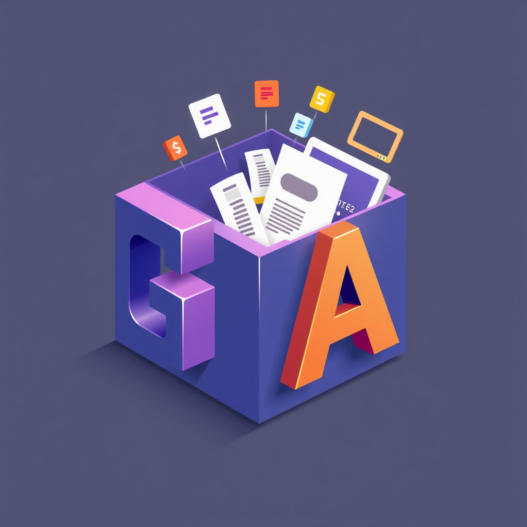 GAI Content Cube: Stylized letters 'G' and 'A' (for Generative AI) forming the edges of a cube, with one face opening or emitting simpler content icons (e.g., document, image frame), representing AI constructing content.