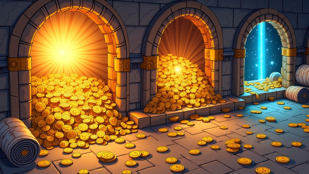 A series of artworks depicting treasure hoards hidden in mystical locations like desert caves or forgotten palace vaults, overflowing with gold coins, radiant jewels, enchanted weapons, and ancient scrolls.