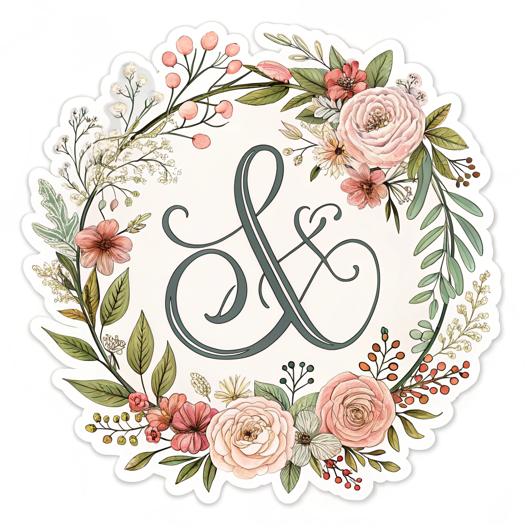 Sticker with intertwined initials of the couple inside a floral wreath.