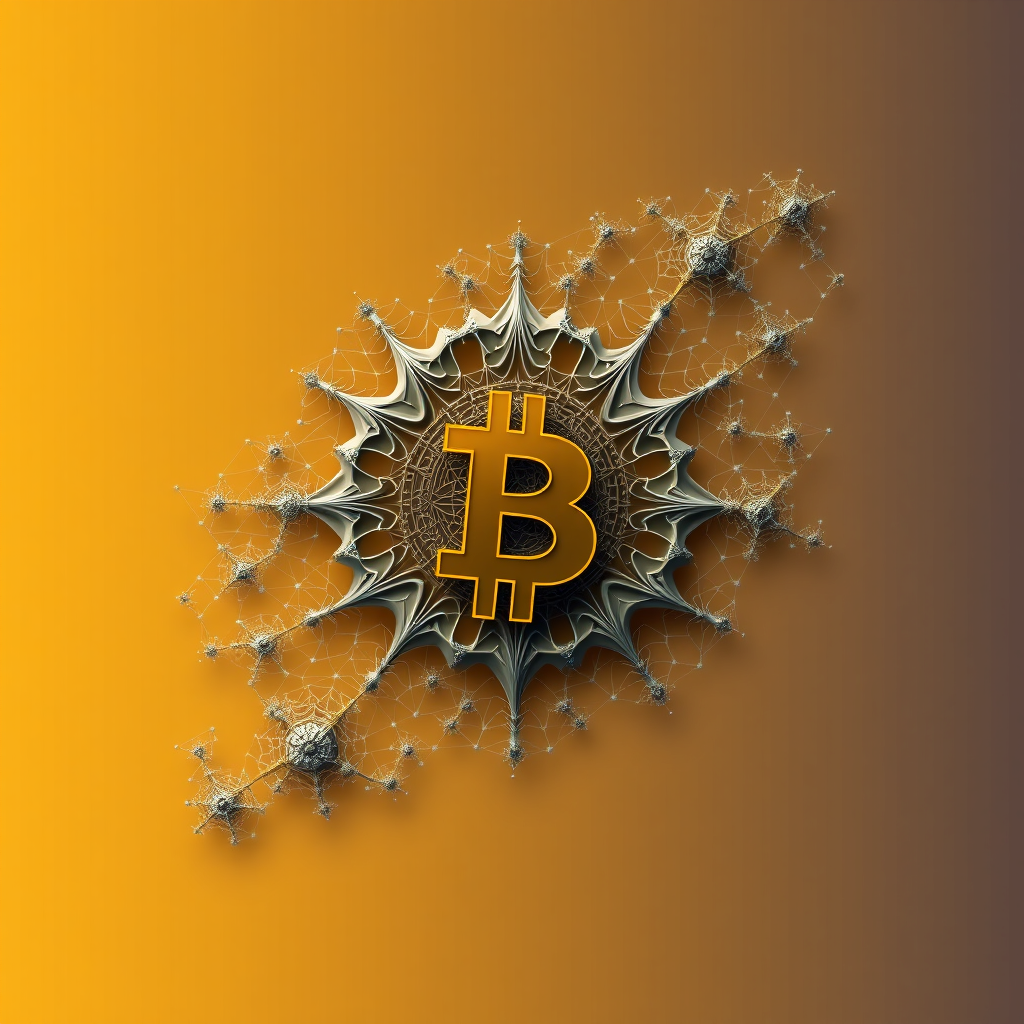 Sub-Design Idea 5: Fractal Network Expansion - An abstract, fractal-like pattern originating from a Bitcoin-inspired element, continuously branching and growing in complexity and scale, symbolizing organic, exponential network growth toward 2025.