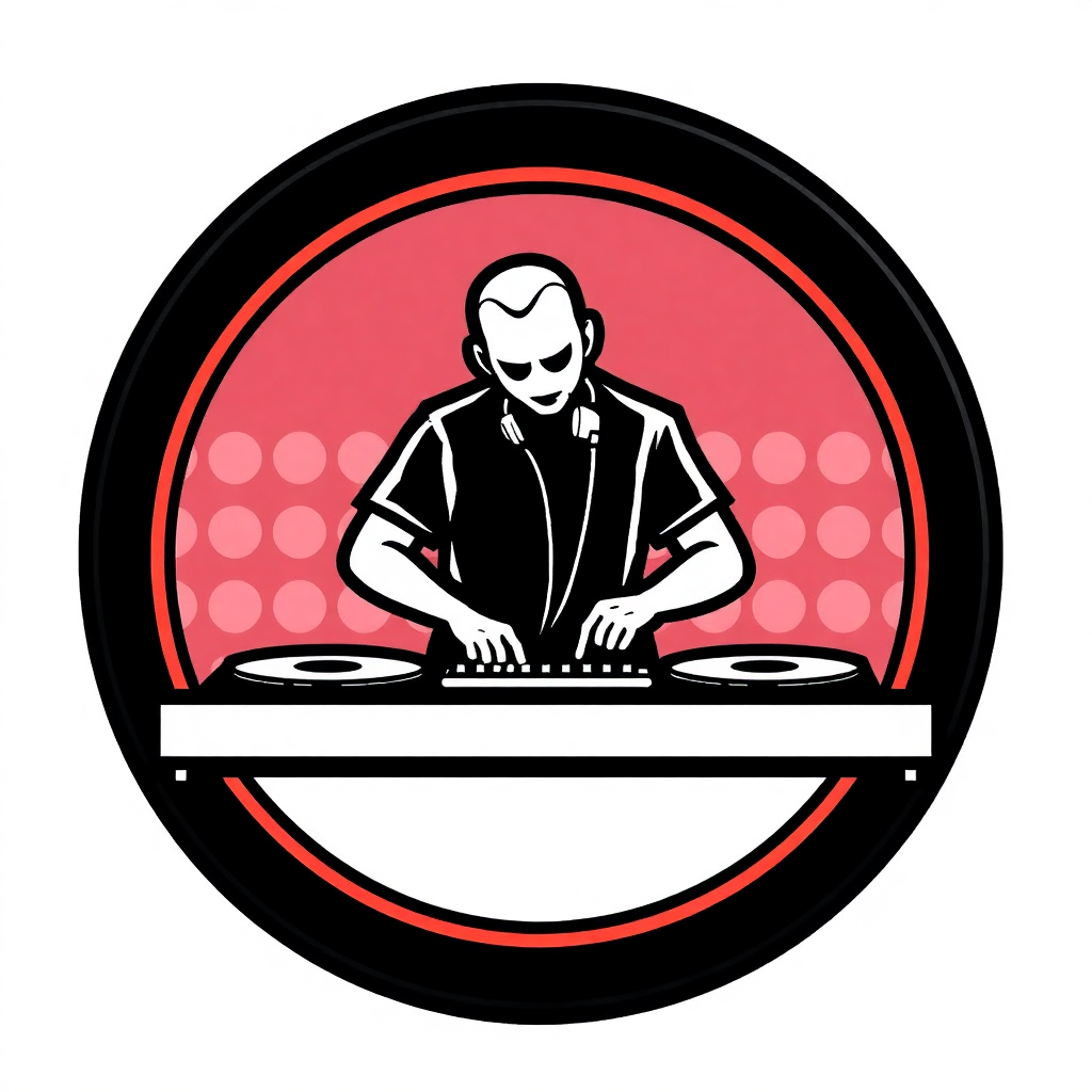 The image is a circular logo with a red background and a black border. In the center of the circle, there is a black and white illustration of a DJ playing music on a turntable. The DJ is wearing a black shirt and has a bald head. He is holding a DJ controller in his hands and appears to be in the middle of mixing music. The turntables are white and there are two DJ decks in front of him. The overall design is simple and minimalistic.