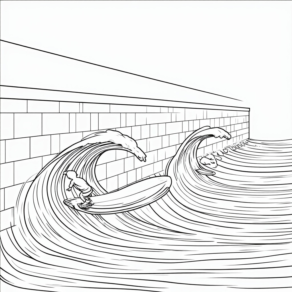 The Double-Slit Surf Competition: The scene is a 'surf competition' where the main obstacle is a giant wall with two slits. The surfer is shown as a wave passing through both slits simultaneously. After the slits, the water shows a clear interference pattern (alternating bright and dark bands for coloring) that the surfer navigates. Kids can color the surfer, the structure of the slits, and the distinct bands of the interference pattern.
