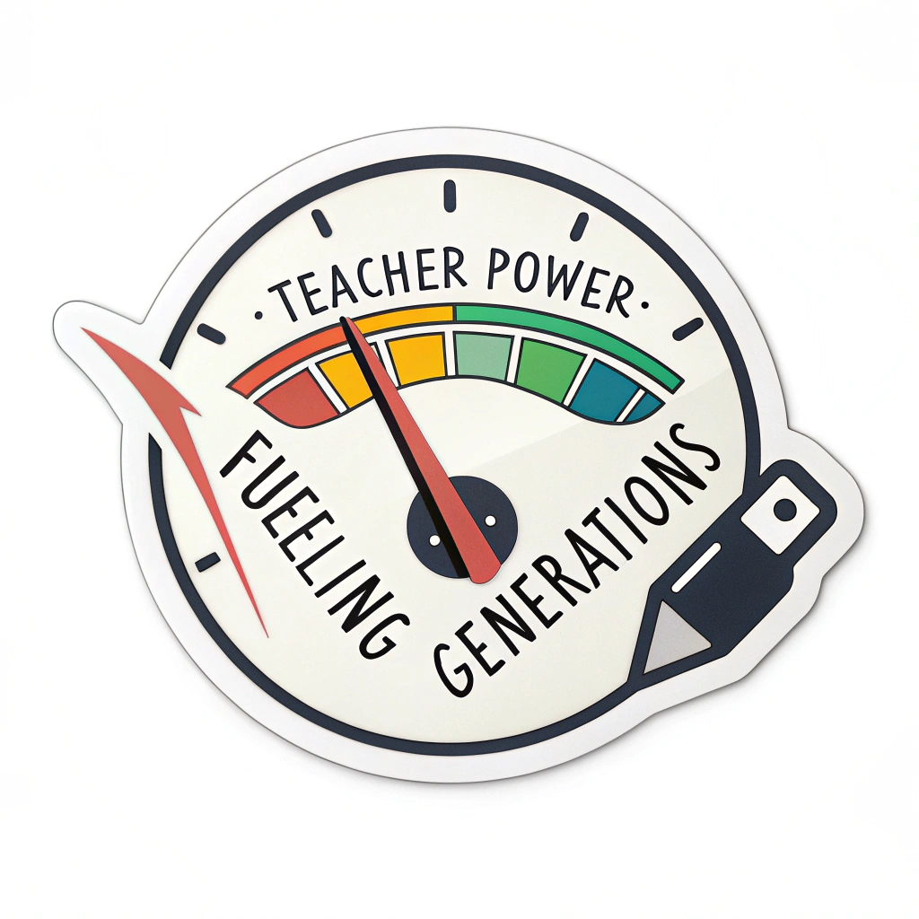 Sticker Design 1: Fuel Gauge Power. A stylized fuel gauge with the needle pointing towards 'Full' or 'Empowered.' The text 'Teacher Power: Fueling Generations' is integrated into the design, possibly around the dial or as a clear legend. Uses bright, energetic colors to convey dynamism.