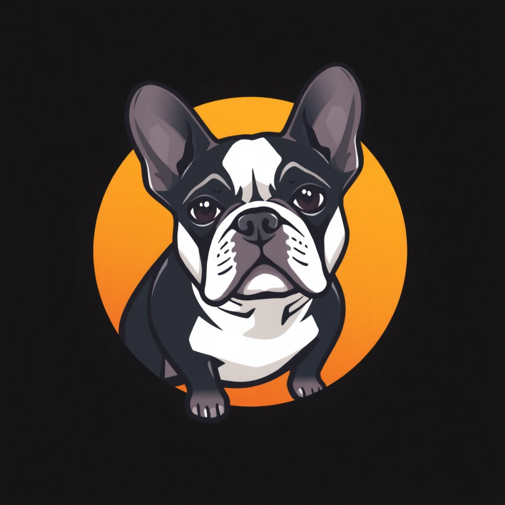 The image is a digital illustration of a French Bulldog. The dog is sitting in front of an orange circle, which is the focal point of the image. The background is black, making the dog stand out.  The dog is black and white, with a round face and large ears. Its eyes are large and round, and its nose is small and pointed. Its mouth is slightly open, as if it is looking directly at the viewer. The overall style of the illustration is cartoon-like, with bold lines and bright colors.