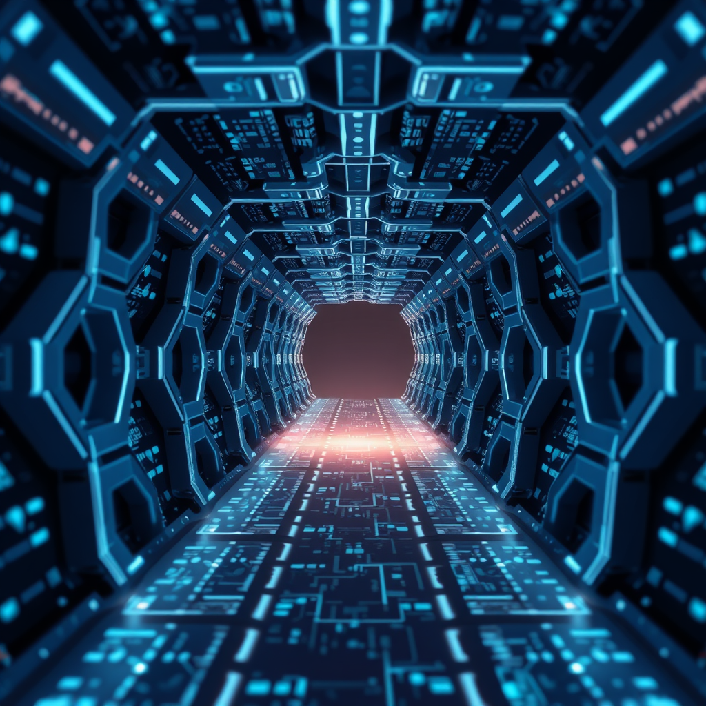A perspective view of a tunnel made of interlocking digital blocks or links (like a chain). A subtle glow emanates from within the tunnel. The interlocking nature visually represents the secure and encrypted pathway.
