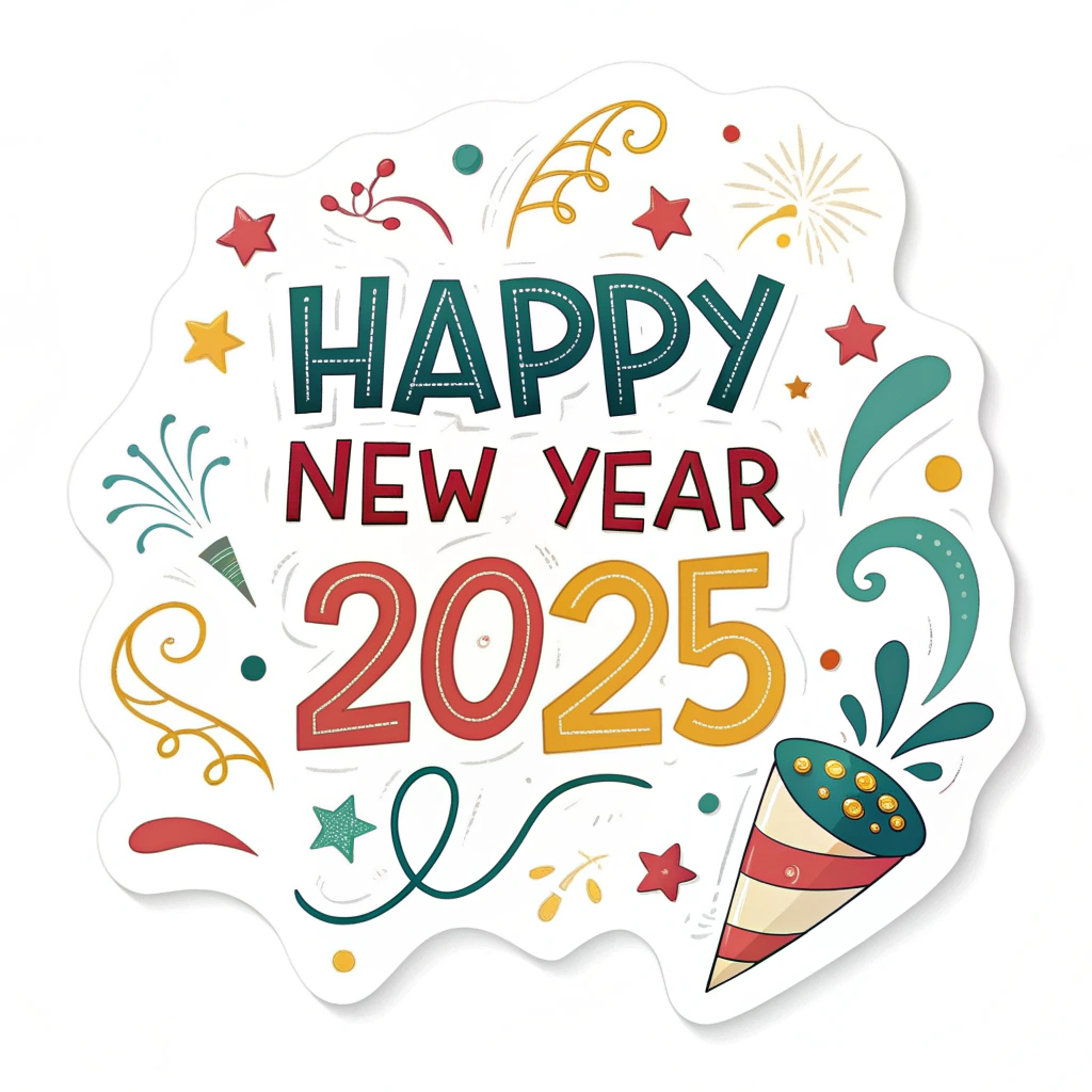 The image shows a poster with the words Happy New Year 2025 written in bold, colorful letters, surrounded by a festive design of stars, confetti, and other celebratory elements. The poster is likely meant to be a reminder of the start of a new year and the joy of the new year.