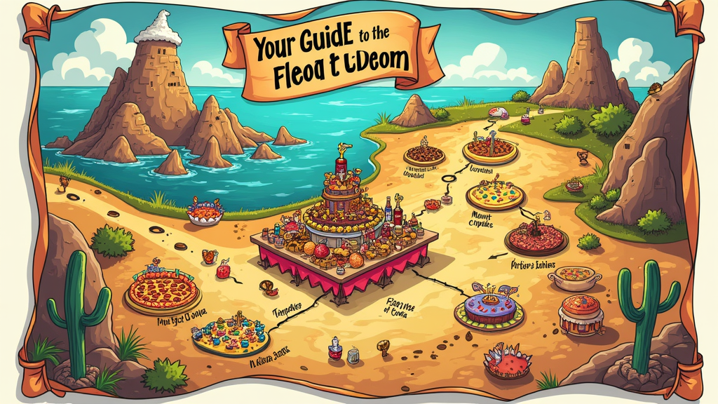 Food Freedom Fiesta Map: A treasure map-style design where 'X marks the spot' leads to a banquet table laden with diverse foods. Path includes landmarks like 'Mount Cupcake,' 'The River of Soda,' 'Pizza Plains.' Title: 'Your Guide to the Food Freedom Fiesta'.