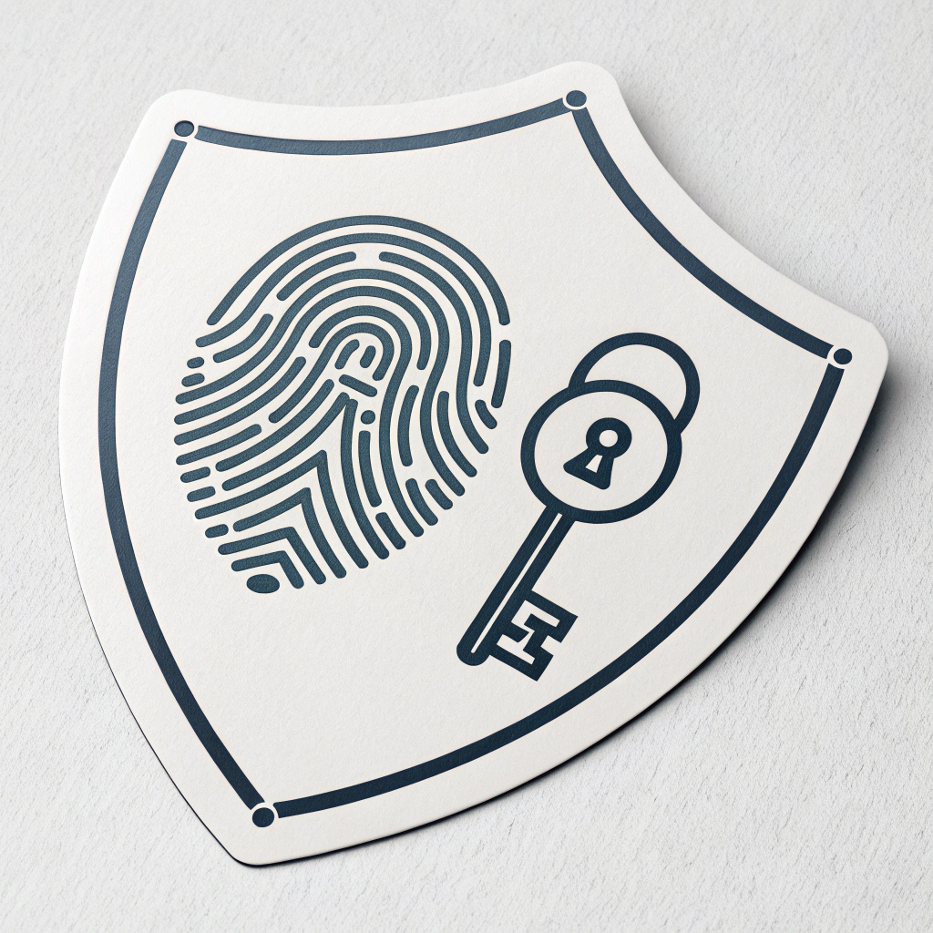 Simple Icon Idea for Sticker: A minimalist shield outline containing a smaller, centrally placed icon of a key or a fingerprint, symbolizing secure access and personal identity protection.