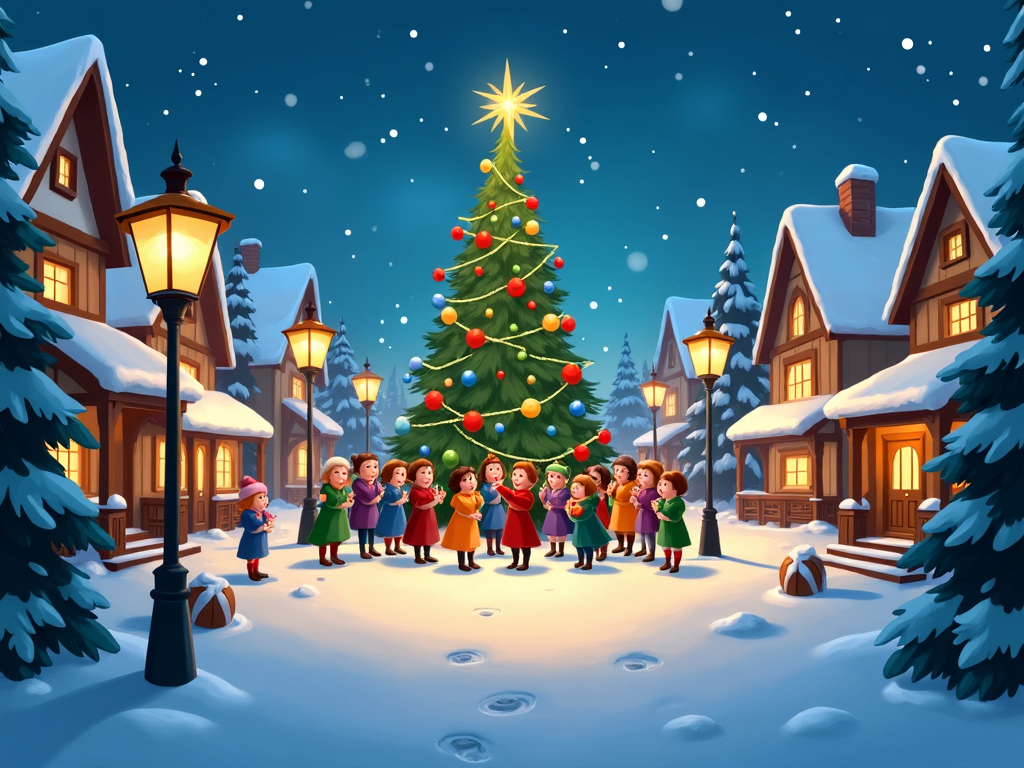 An enchanting cartoon town, where a snowy path is lined with glowing lamp posts leading up to a huge Christmas tree. Animated townspeople in festive attire sing carols around the tree, while warm light spills from cottage windows, creating a cozy Christmas atmosphere.