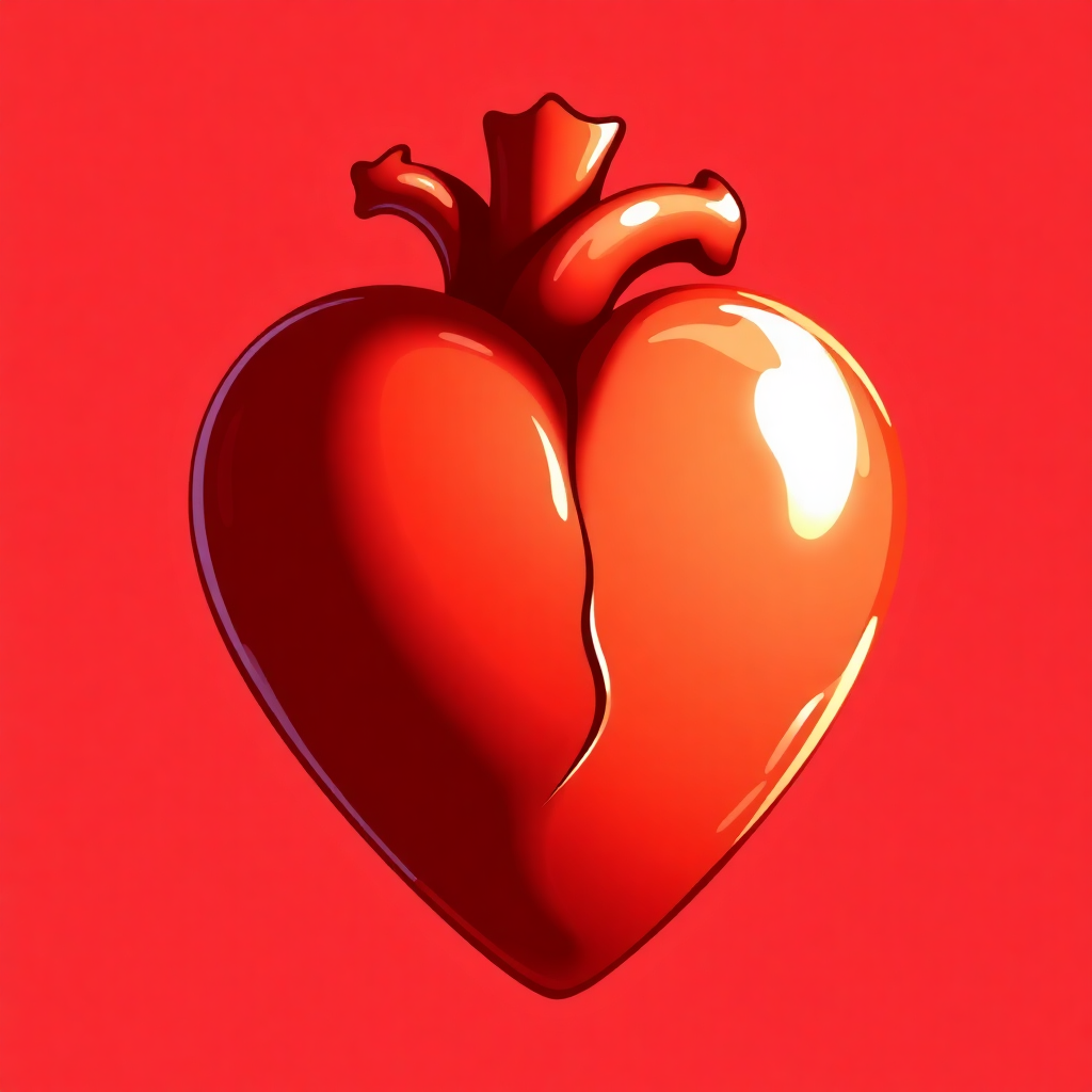 The image shows a broken heart on a red background, symbolizing the effects of heart disease. The heart is a deep red color, and the background is a bright, vibrant red, emphasizing the severity of the disease.