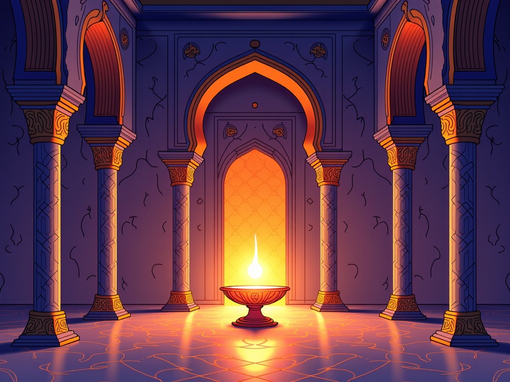 An interior scene evoking mystery, perhaps centered around a glowing artifact or a hidden passage, where the intricate patterns on the walls and arches subtly shimmer or shift, enhancing a magical Arabian Nights ambiance.