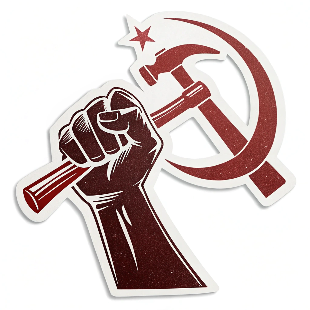 Icon Idea: A stark, single-color silhouette of a raised fist or a symbolic tool (e.g., hammer, gear) in a bold, vintage graphic style, suitable for small sticker application.