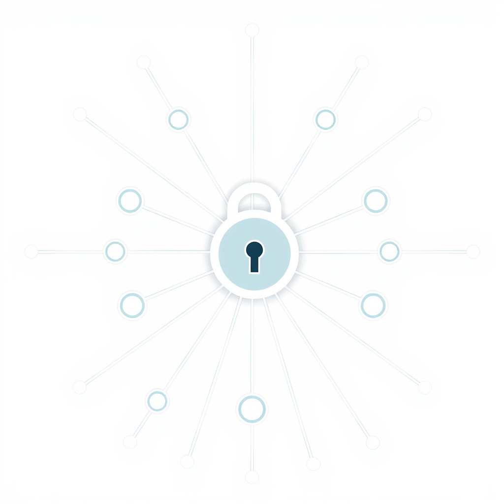 Sub-Design Idea 2: A central node designed as a modern, minimalist padlock. Lines connect to this 'lock' node and radiate outwards to other smaller nodes, visually representing a secured network core.