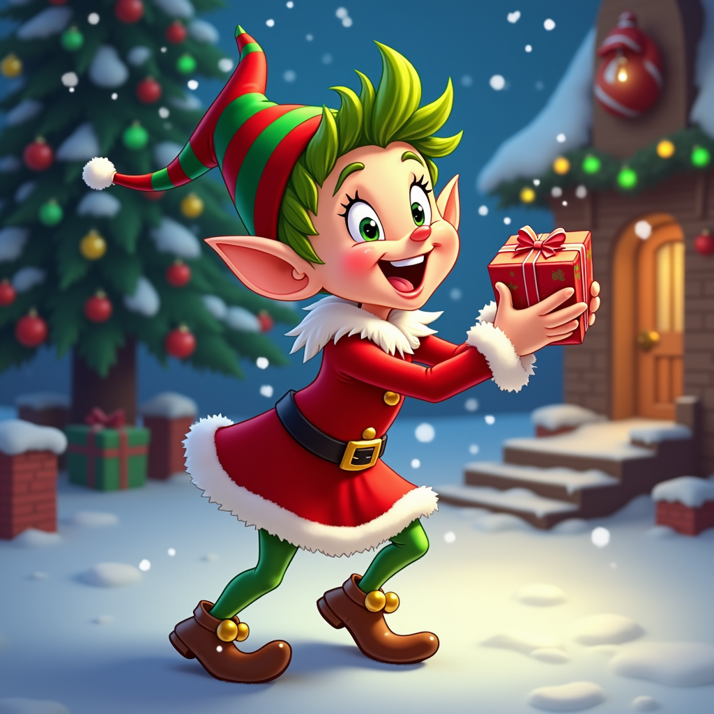  a cartoon Christmas elf standing in front of a small house with a Christmas tree in the background. The elf is wearing a red and green outfit with a white fur trim and a red hat with a green pom-pom on top. He has green hair and is holding a red gift box in his right hand. He is smiling and appears to be excited about the gift. The house is decorated with colorful ornaments and lights, and there are several gift boxes scattered around the yard. The ground is covered in snow and there is a blue sky with white clouds.