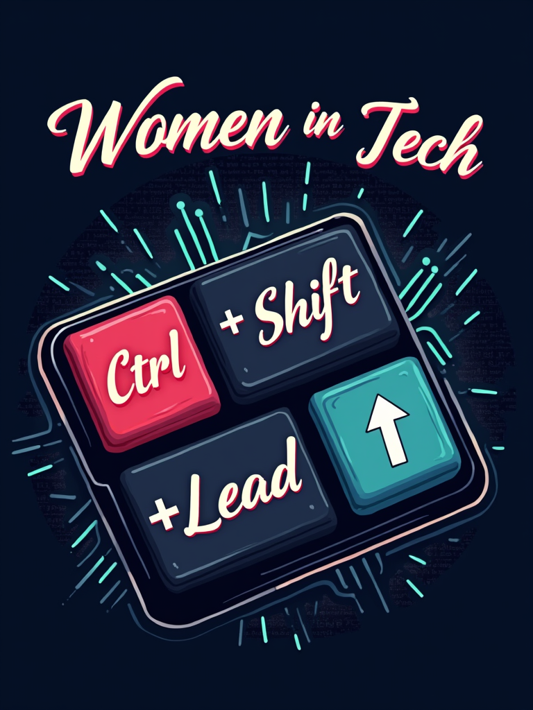 Design features stylized keyboard keys: 'Ctrl', 'Shift', with a custom, prominently displayed 'Lead' key (perhaps with an upward arrow or a small crown icon). The full phrase 'Ctrl+Shift+Lead' is central, with 'Women in Tech' typeset elegantly above or below. Subtle background elements could include binary code patterns or glowing circuit lines.