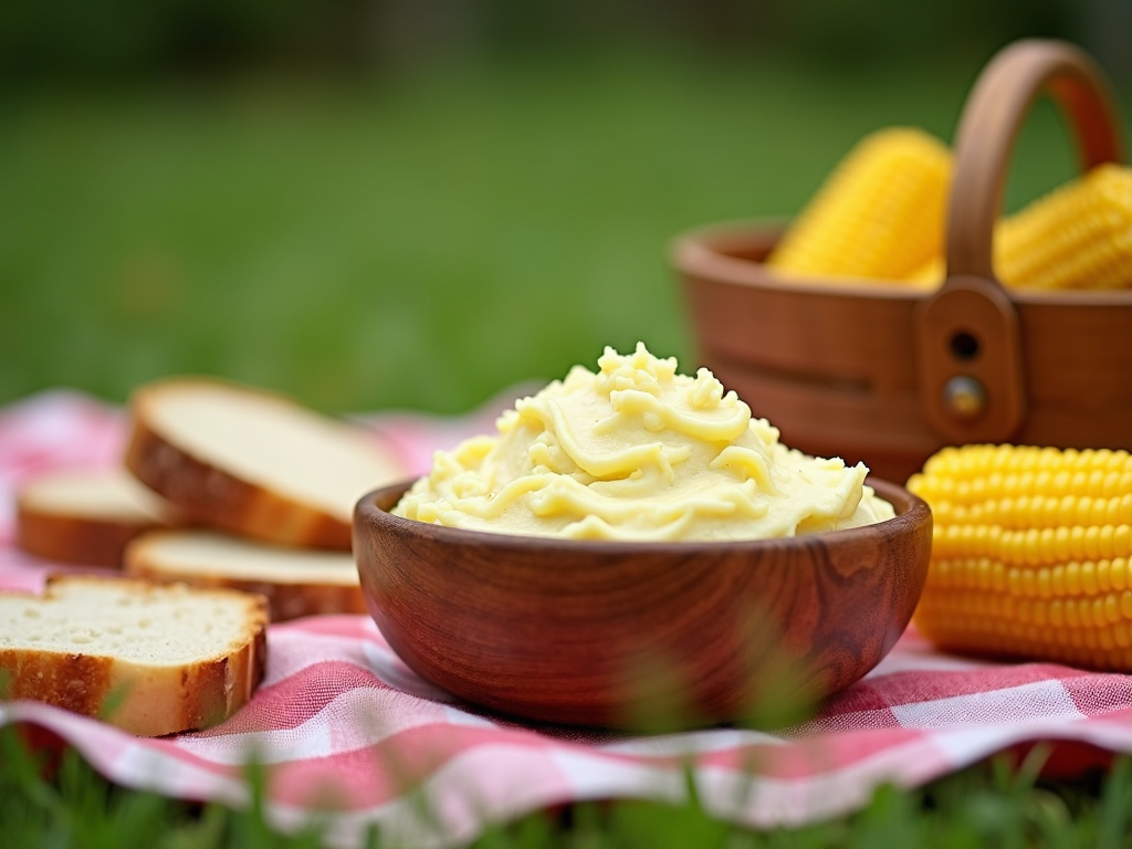 A casual picnic scene with mashed potatoes in a wooden bowl, accompanied by corn on the cob and rustic bread, set against a grassy backdrop.