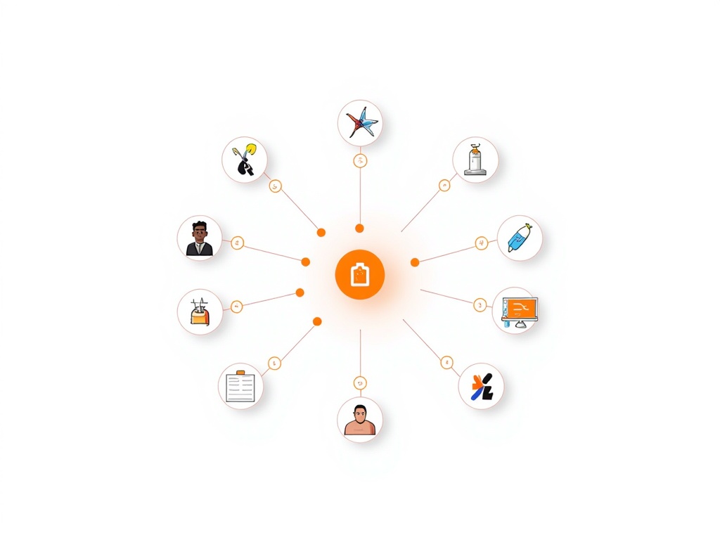 A design centered around a central 'prompt' element from which various styles of illustrations (e.g., photorealistic, cartoon, abstract) bloom or branch out, showcasing the AI's versatility in interpreting the same input into diverse visual outputs. The workflow steps can be denoted by small icons along the branches.