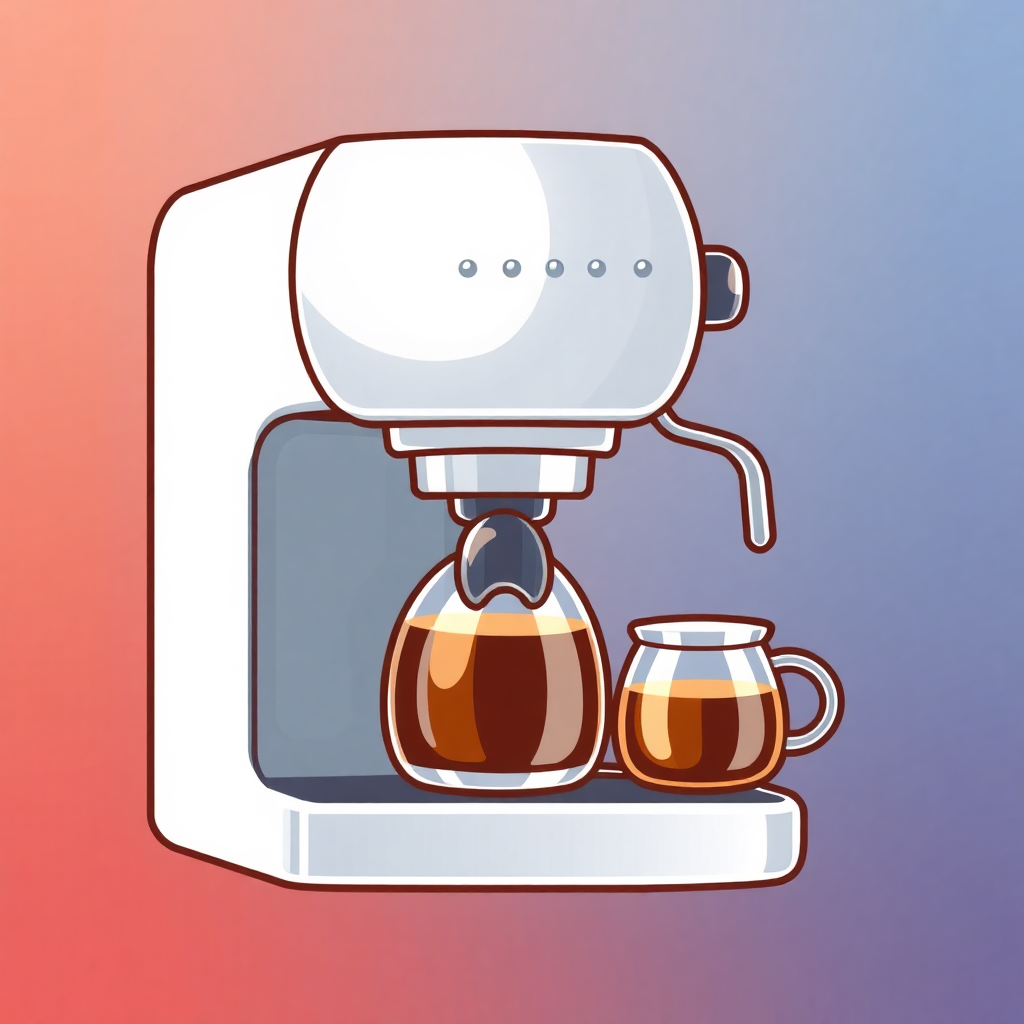 The image is an illustration of a coffee machine. The machine is white in color and has a sleek design. It has a large spout on the top and a handle on the right side. On the left side of the machine, there is a glass jar filled with a dark brown liquid, which appears to be freshly brewed coffee. Next to the jar, there are two cups of coffee, one with a handle and the other with a spout. The background is a gradient of pink and purple. The overall color scheme of the image is warm and inviting.