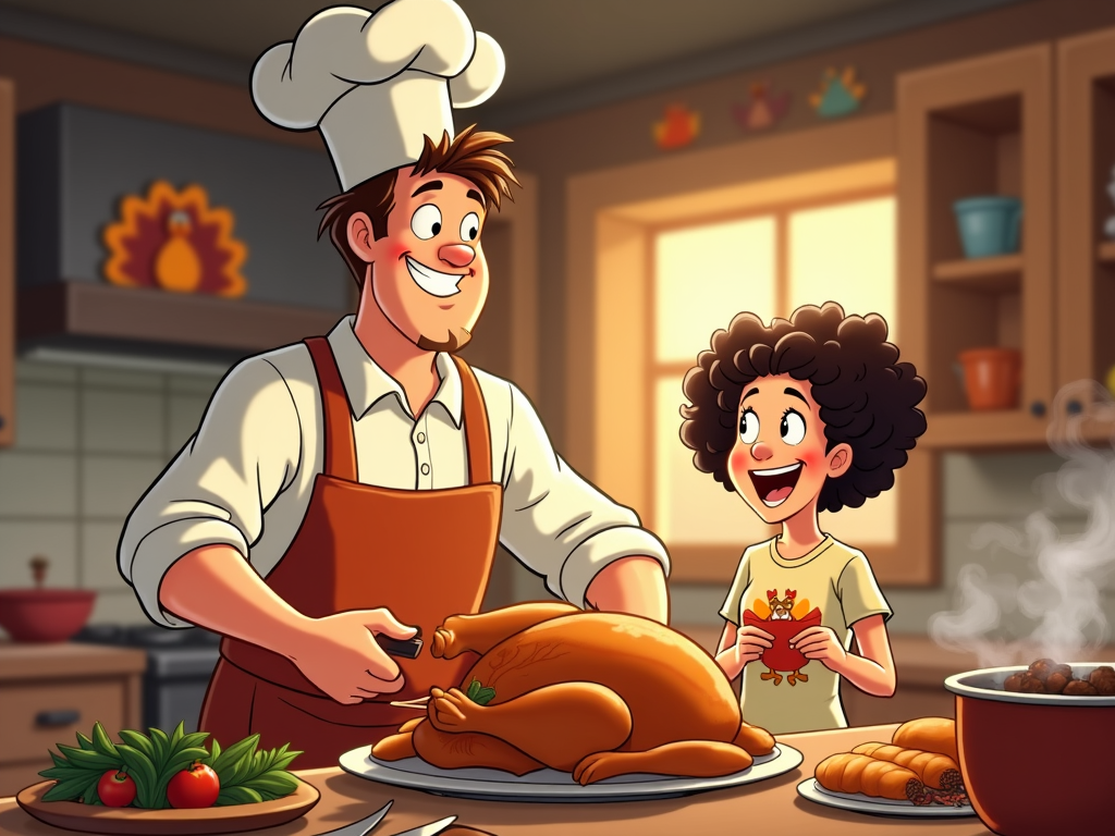 In a cartoon kitchen, chaos ensues with a joyful family cooking Thanksgiving dinner. Pots and pans steam with delightful aromas, and the walls are decorated with paper-cut turkeys. Characters, including a dad trying to carve the turkey while a teen holding a camera records the moment, add life and spontaneity to the animated scene.