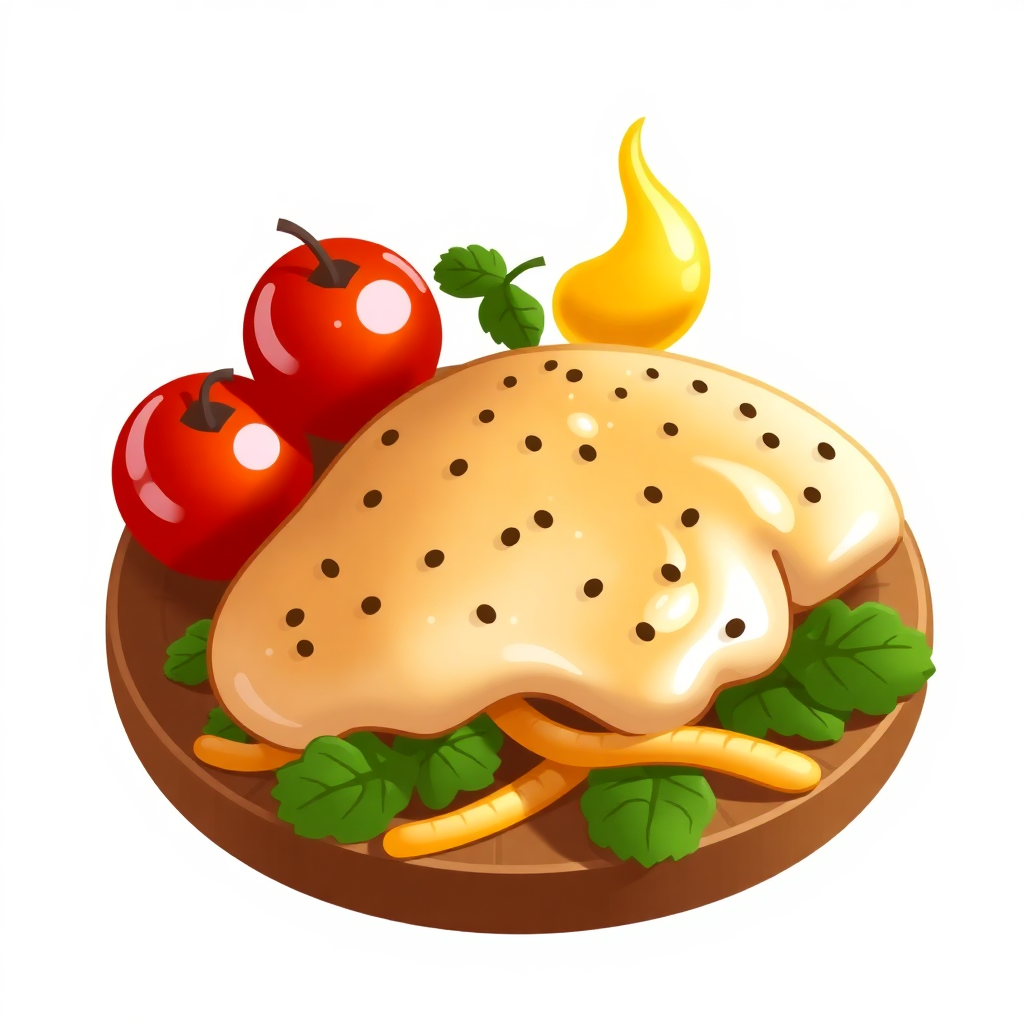 The image shows a hamburger with cheese and vegetables on a wooden plate. The hamburger is animated, with lettuce, tomatoes, and other vegetables surrounding it. The plate is a warm brown color, and the background is a bright white.