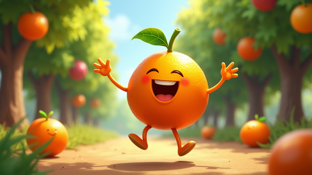  a cartoon orange character running on a dirt path in an orange grove. The orange has a big smile on its face and its arms and legs are stretched out in front of it. It has a green leaf on its head and appears to be happy and excited. In the background, there are rows of orange trees with more oranges hanging from their branches. The sky is blue and there are a few clouds in the distance. The overall mood of the image is cheerful and playful.