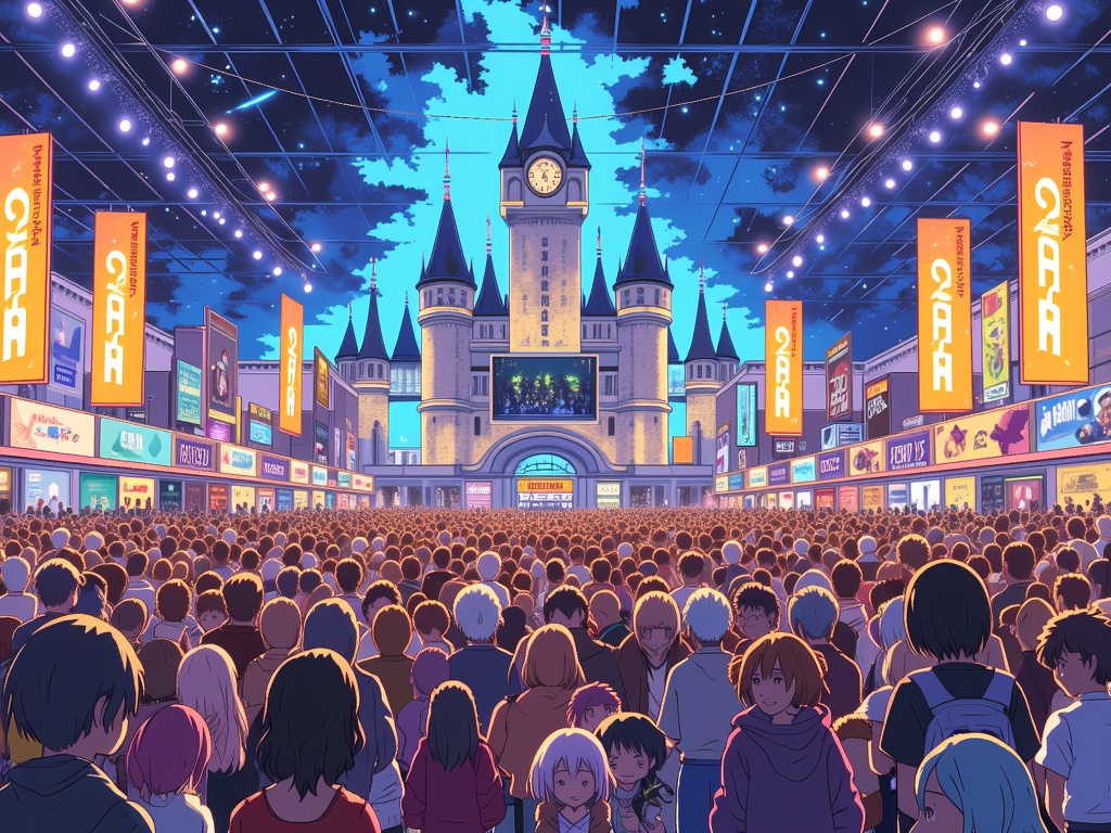 Sub-design Idea 1 (Grand Assembly): An illustration depicting a recognizable MomoCon landmark or a grand convention hall where characters from countless anime series converge, interact, and celebrate, emphasizing scale and joyful unity.