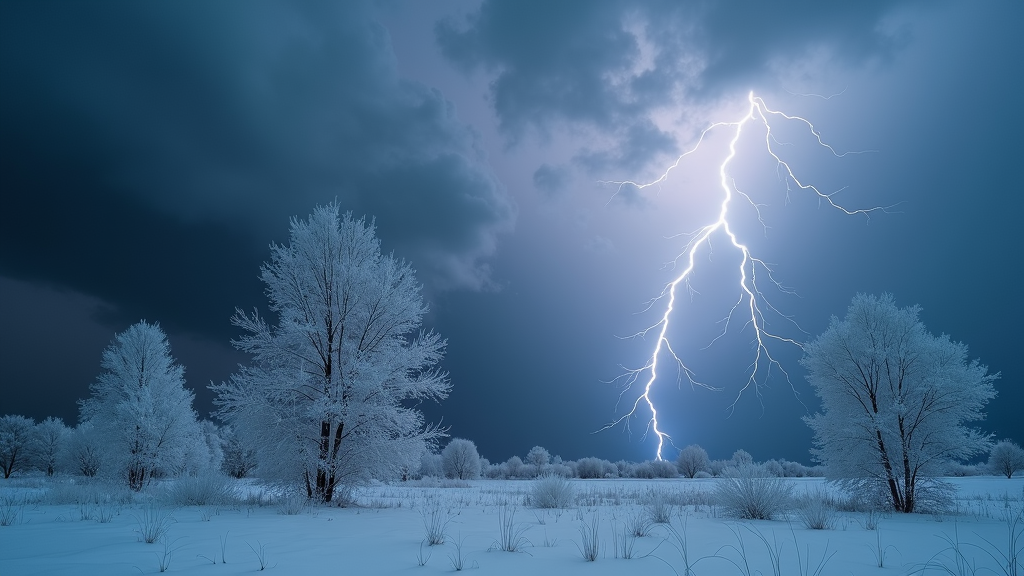 An awe-inspiring wallpaper capturing a thunderstorm over a snowy landscape. Lightning illuminates the stark whiteness of the snow, casting eerie shadows on frozen ground. Trees, covered in a blanket of snow, stand motionless under the stormy sky. The image captures the unique contrast between winter's stillness and the dynamic, electrical energy above.