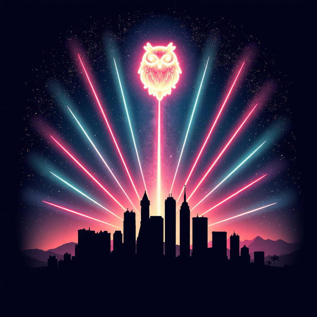 Silhouette Skyline & Cosmic Sky: A sharp black silhouette of the Las Vegas skyline at the base. Above, a fantastical cosmic sky explodes with nebulae, laser beams, and a prominent EDC icon like a giant glowing owl or a daisy moon, representing the electric night.