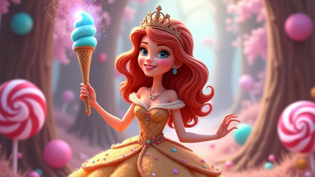 A princess in a dress resembling a waffle cone, holding a magical ice cream wand, with a tiara of chocolate curls.