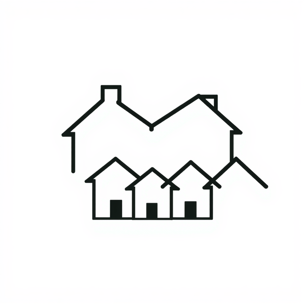Multiple simple house outlines clustered together, forming a larger, abstract heart shape in their collective negative space, symbolizing community and shared warmth.
