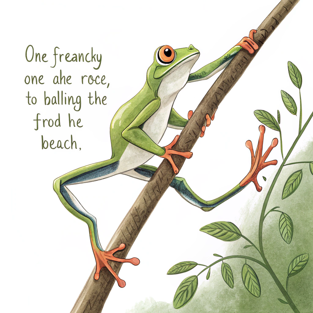 Illustration showing the tree frog mid-clamber, one leg reaching, emphasizing agility. The branch extends diagonally across the sticker. Text follows the angle of the branch.