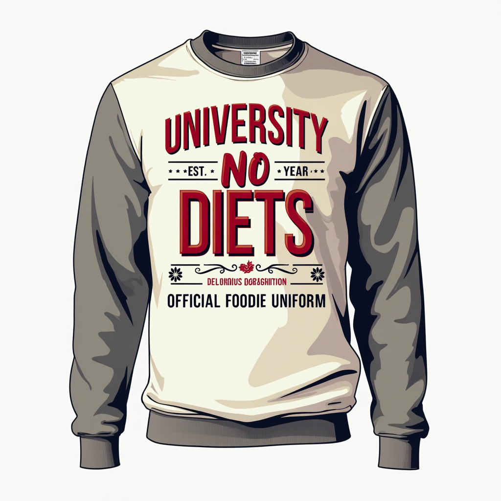 Sub Design Idea 2 (University Parody): Design it like a university sweatshirt. 'University of No Diets - Est. (Year)' or 'No Diet Day Academy'. Include 'Official Foodie Uniform' as a department or motto, e.g., 'Department of Delicious Consumption'.