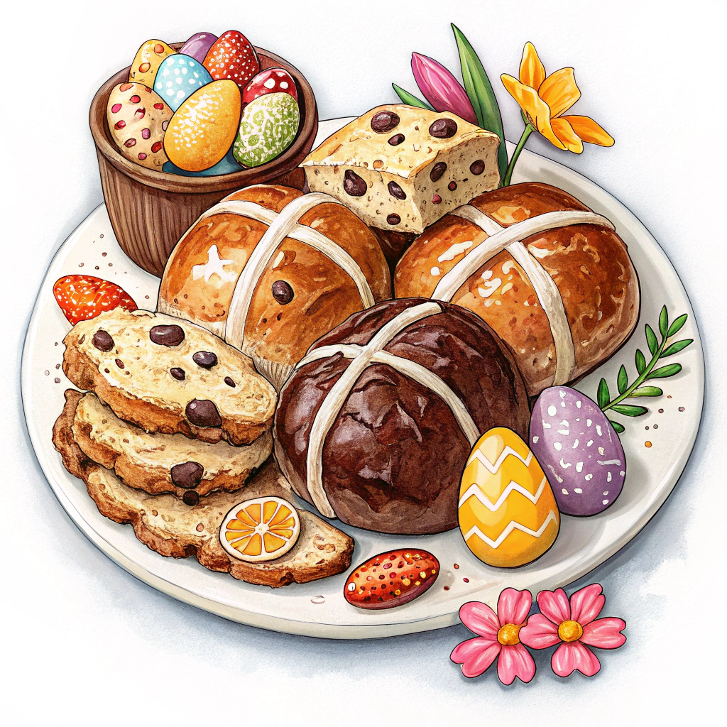 A sticker featuring traditional Easter treats like hot cross buns and chocolate eggs, associated with the food traditions of Easter Monday.