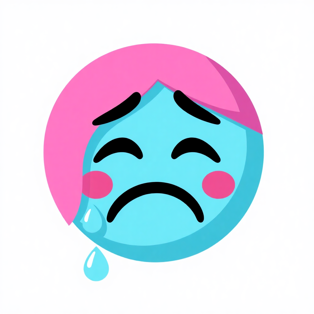 The image shows a blue and pink emoji with a sad face and a tear streaming down its cheeks, set against a white background.