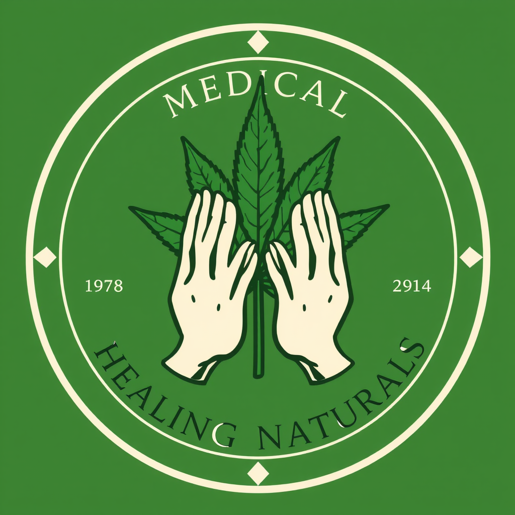 Sub-design idea 4: Create a 'badge or emblem' style where the hands and leaf are central and perhaps more iconic, enclosed within a circular or shield-like border. This can incorporate text like 'Medical Cannabis' or 'Healing Naturals' elegantly within the emblem.