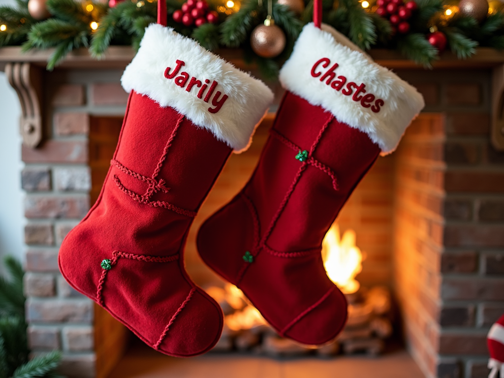 A pair of oversized Christmas stockings hanging on a decorative railing, crafted from classic red felt with white trims, personalized with embroidered names, bringing a nostalgic touch to the holiday decor.